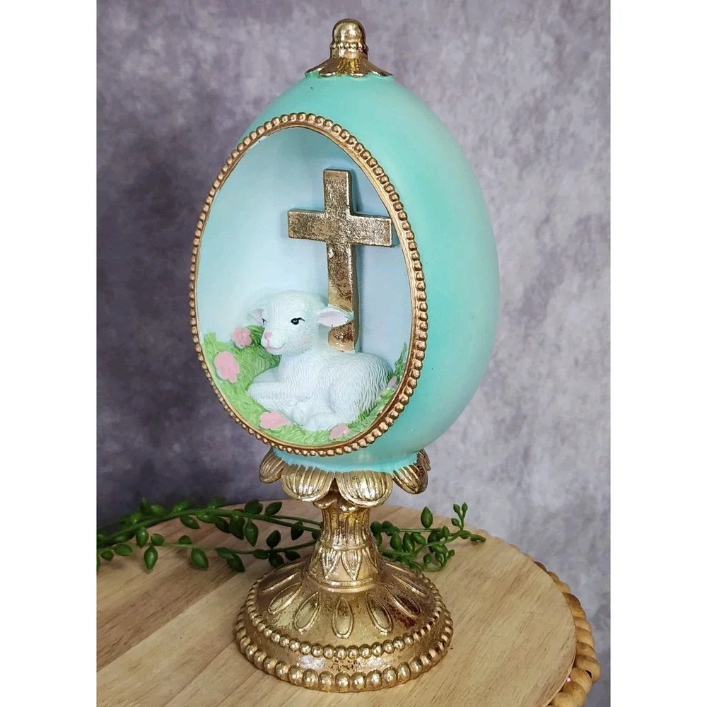 Easter Diorama Green Gold Sheep Lamb Cross Figurine Pedestal Resin 10